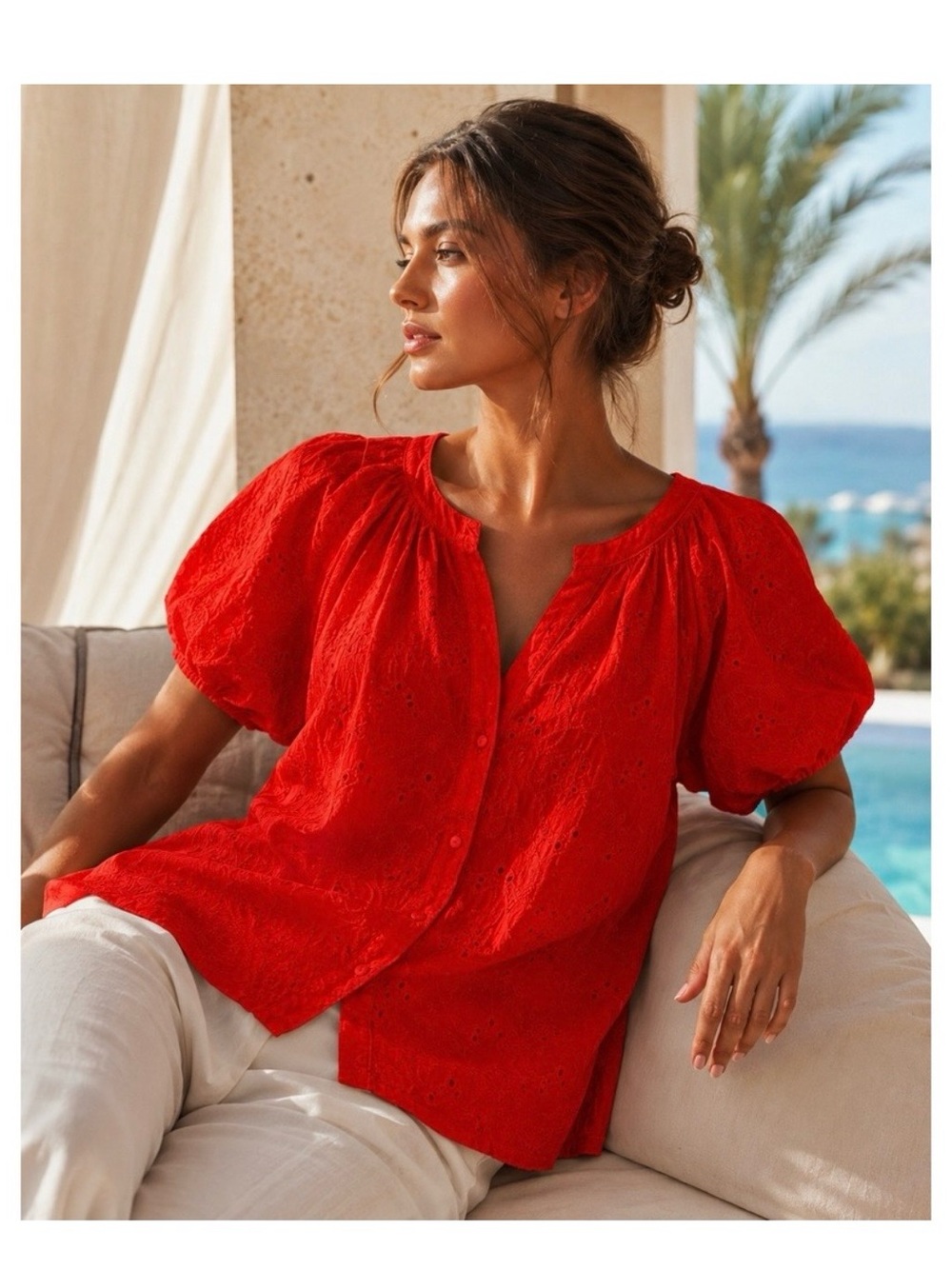 Calypso St Barth Blouse Red
Cotton Eyelet Puff Sleeve 
Boho Coastal size Small